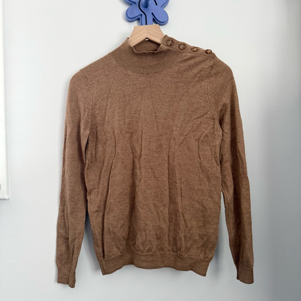 Sezane Camel Brown Turtleneck Button Shoulder Sweater